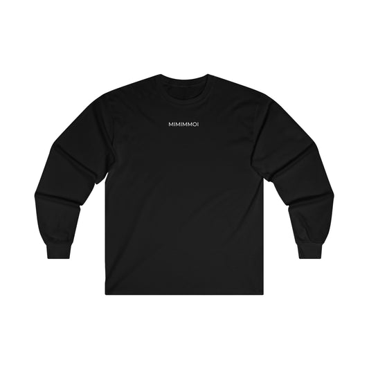 Front view of black long sleeve t-shirt with the word "Mimimmoi" written in small white letters a short distance below the neckline.