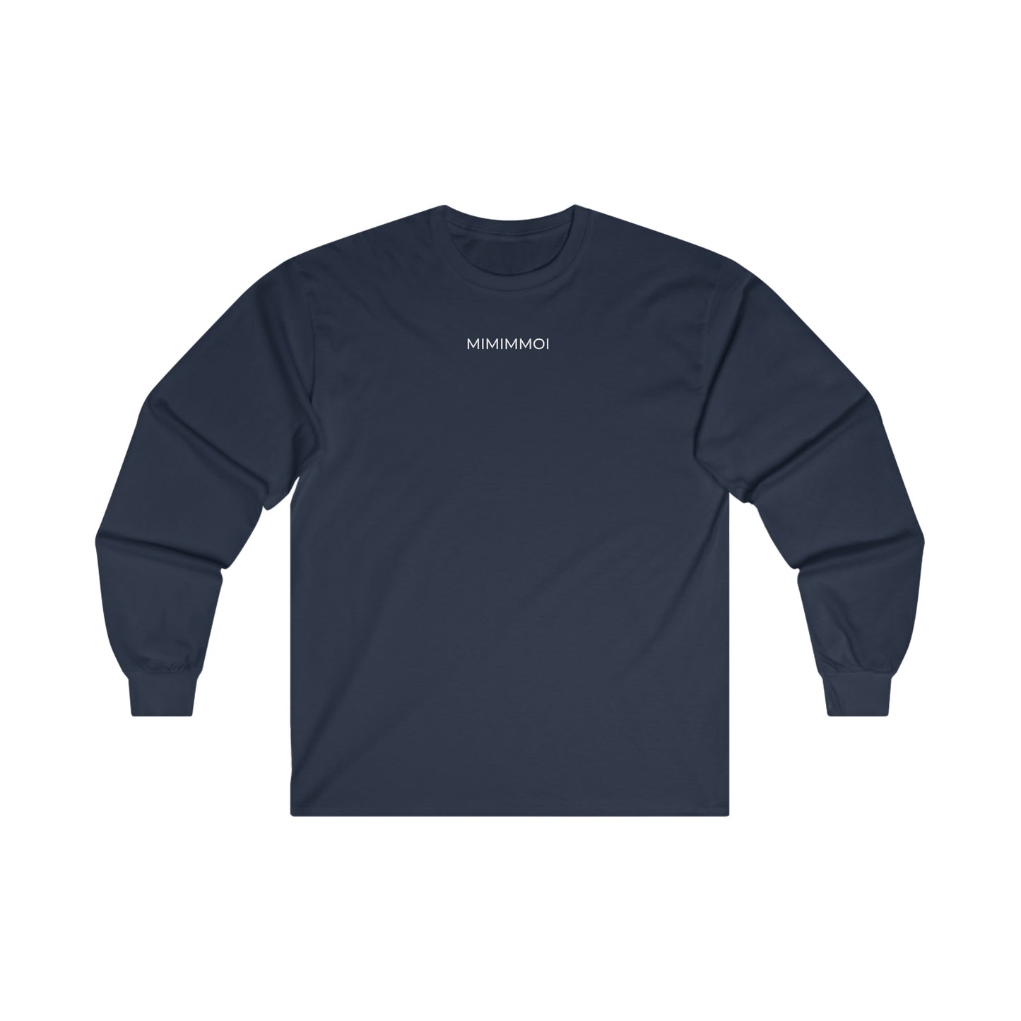 Front view of navy blue long sleeve t-shirt with the word "Mimimmoi" written in small black letters a short distance below the neckline