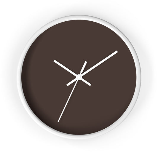 White circular wooden framed clock with espresso brown background and white hands, against a white background.