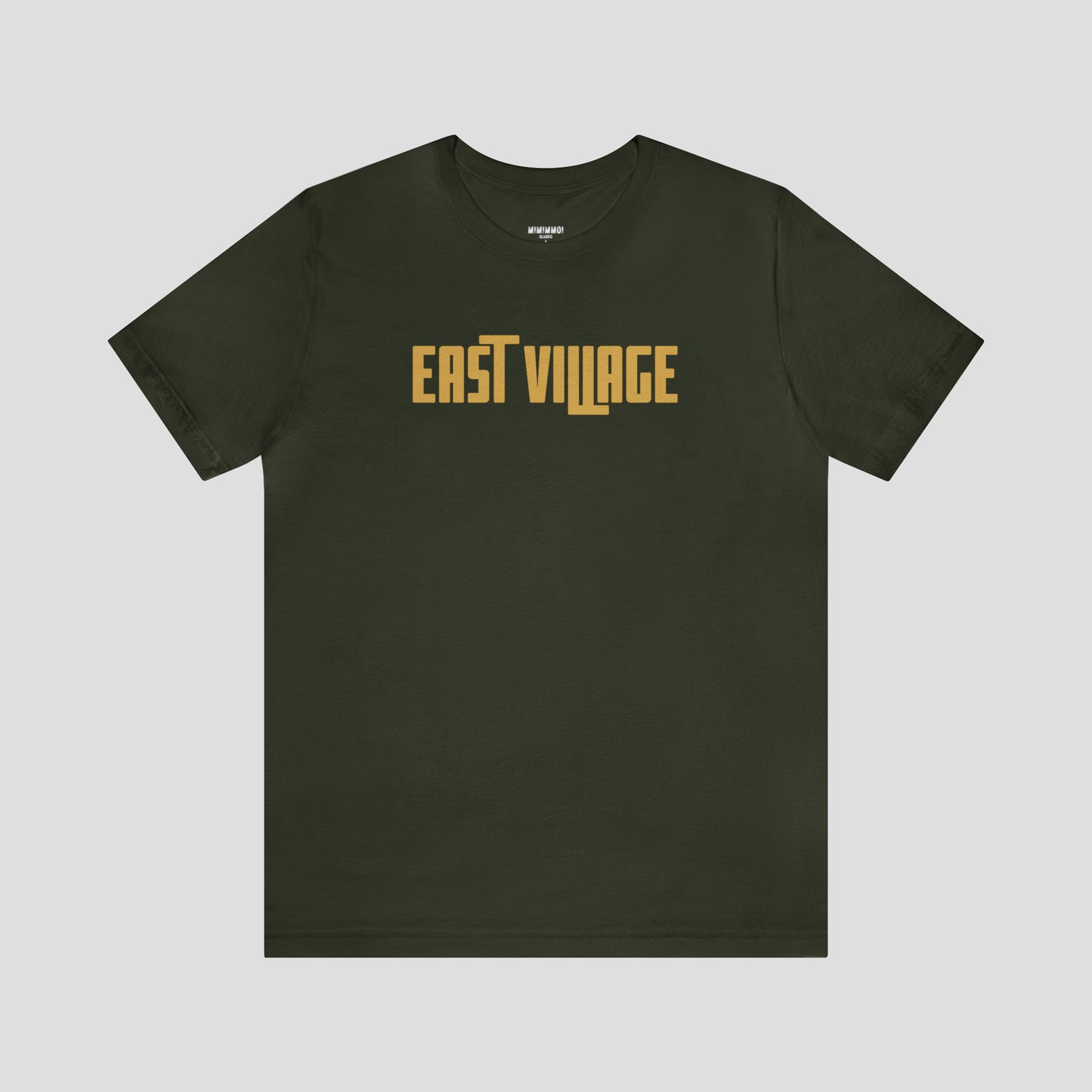 Front view of green t-shirt with the words "East Village" written in yellow letters in the center.