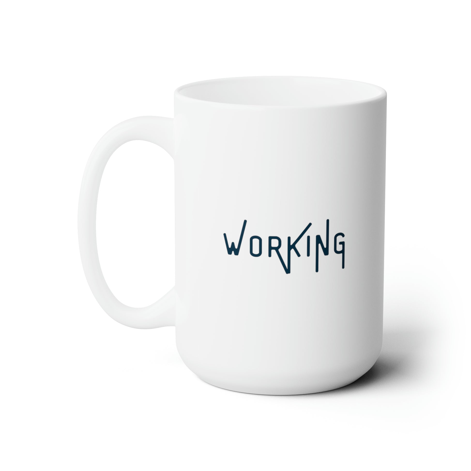 The word "Working" in a navy font with thin extended letters on white mug with left handle against a white background.