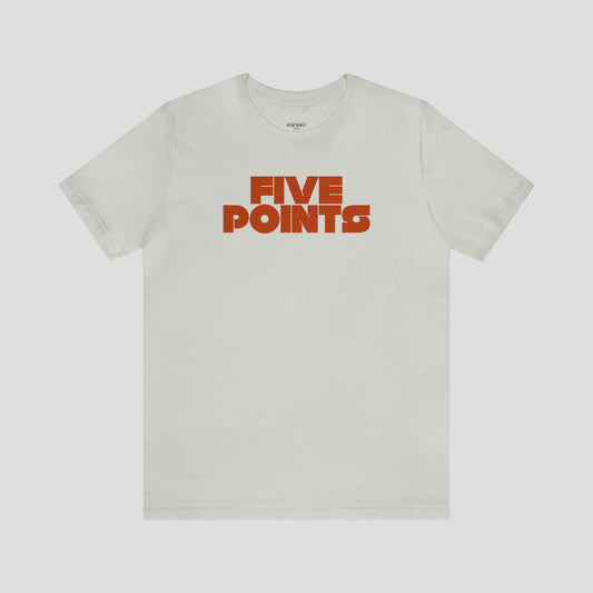 Front view of silver-gray t-shirt with the words "Five Points" written in dark orange block letters in the center.