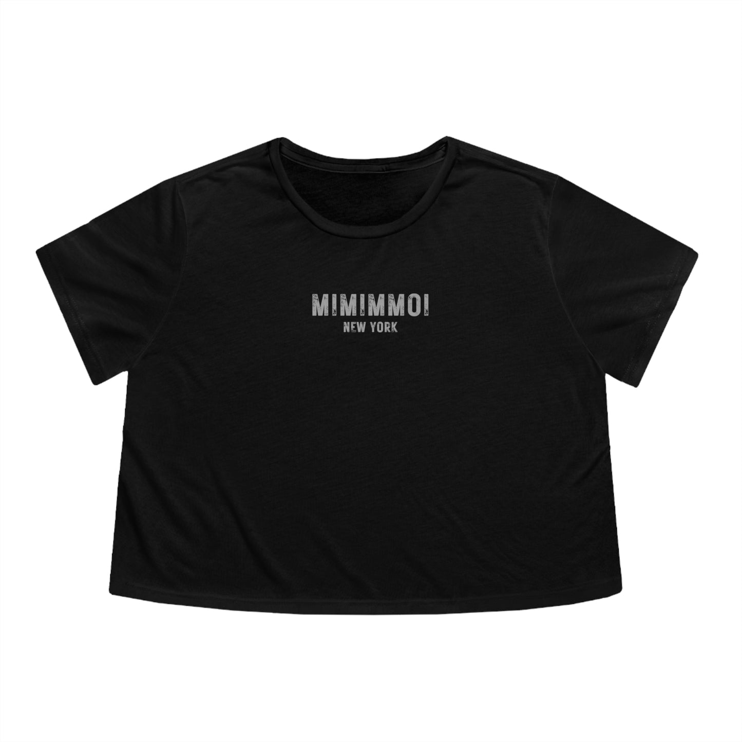 Front view of black cropped t-shirt with the words "Mimimmoi New York" written in small distressed gray letters a short distance below the neckline.