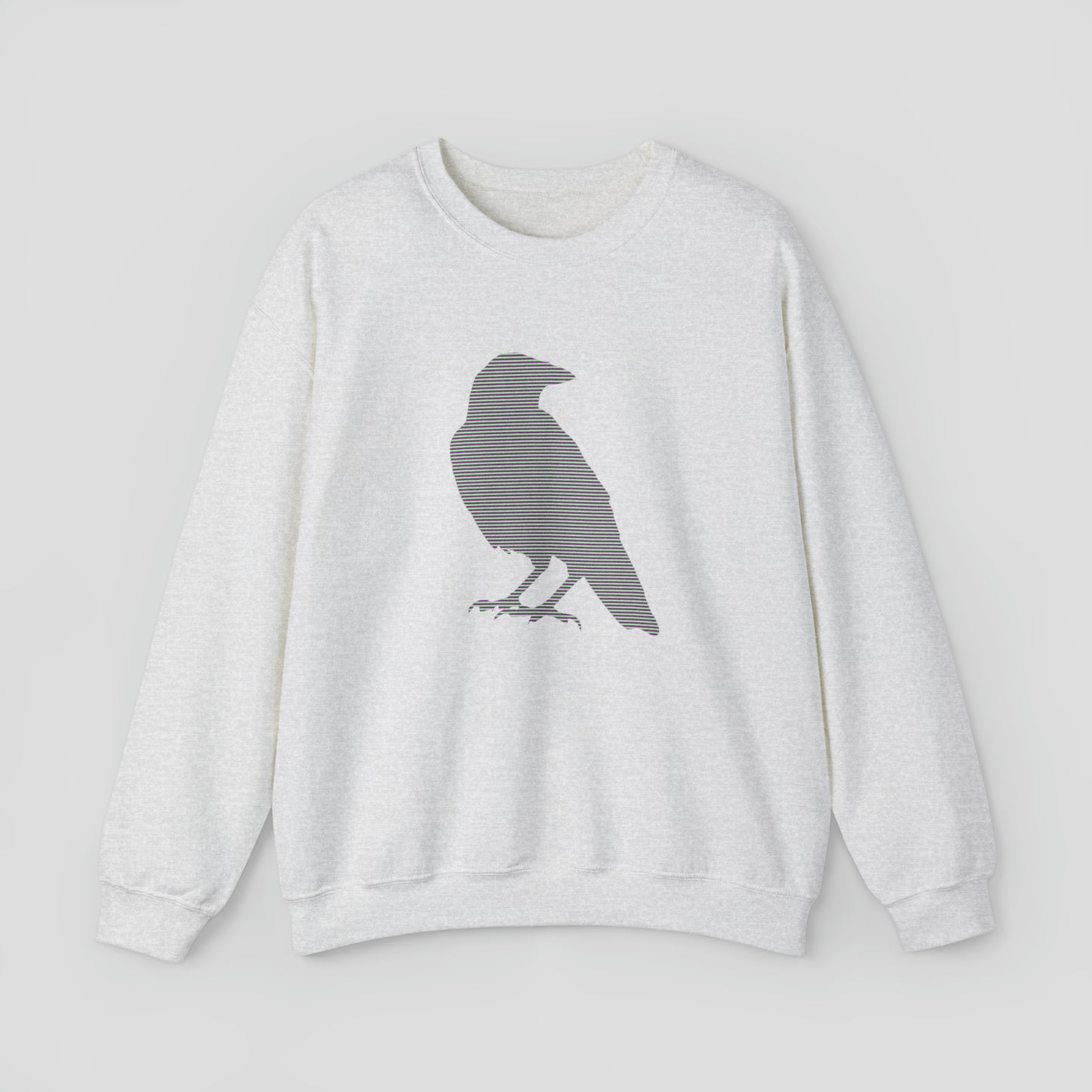 Light gray sweatshirt with large multi-lined silhouette of a raven across the chest, against a gray background.