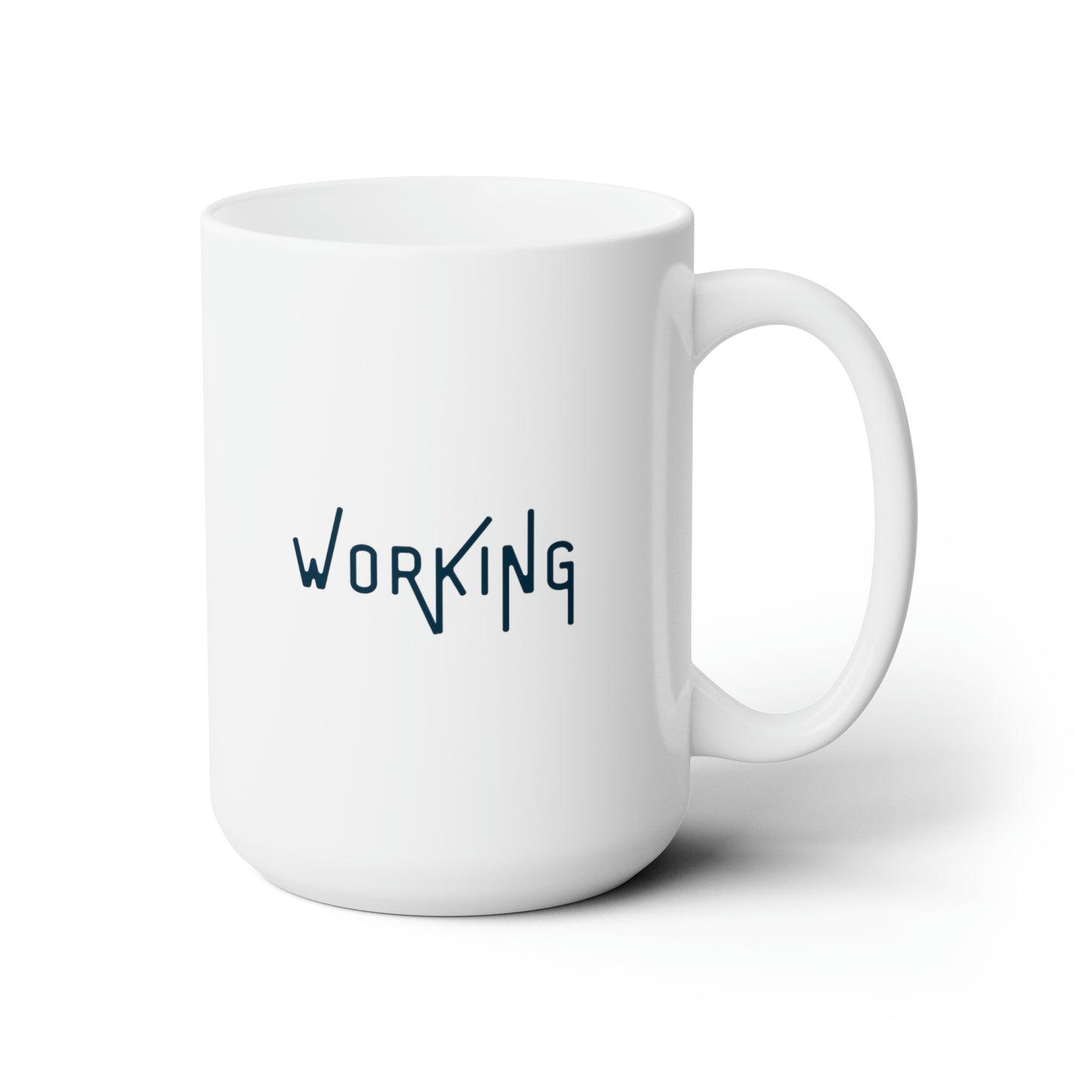 The word "Working" in a navy font with thin extended letters on white mug with right handle against a white background.