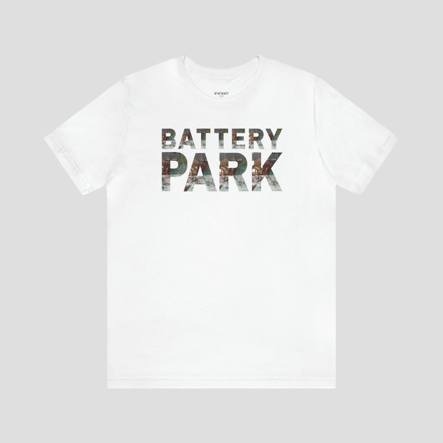 White t-shirt with Battery Park in block letters. A picture of the SeaGlass Carousel is in each block letter against light gray background.