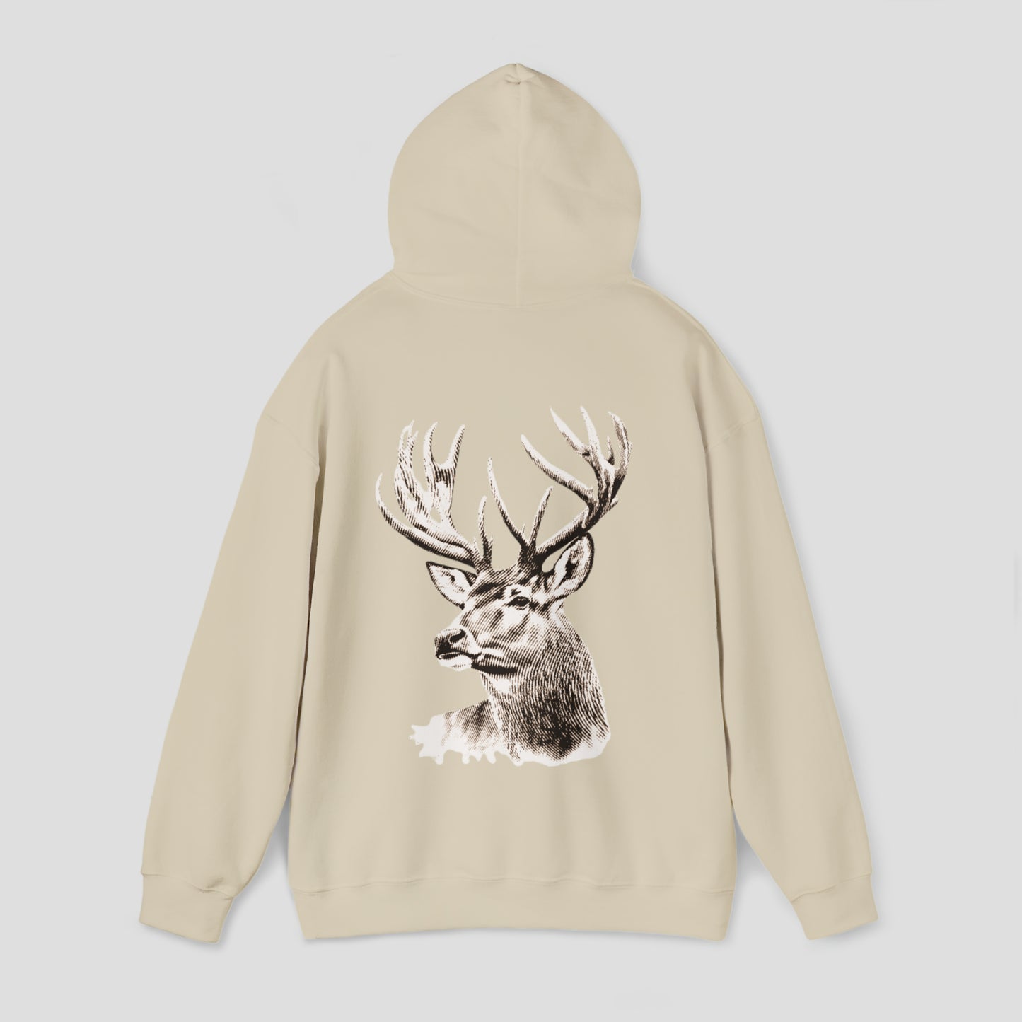 Back view of tan hooded sweatshirt with hood up and large brown and white illustrated image of a deer with large antlers in center, against a gray background.