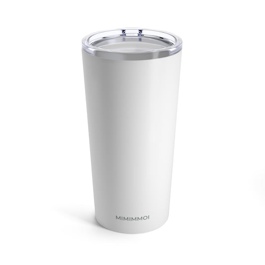 Front view of tall white travel tumbler with plastic top, with the word "Mimimmoi" in small gray lettering at bottom, against a white background.