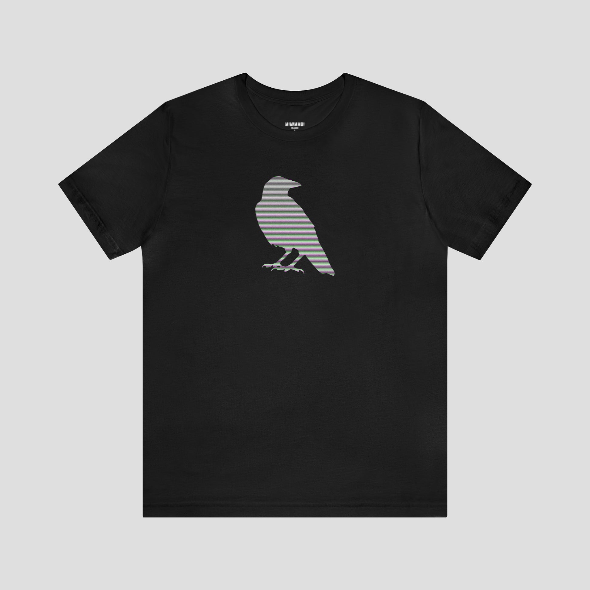 Black t-shirt with large multi-lined silhouette of a raven across the chest, against a gray background.