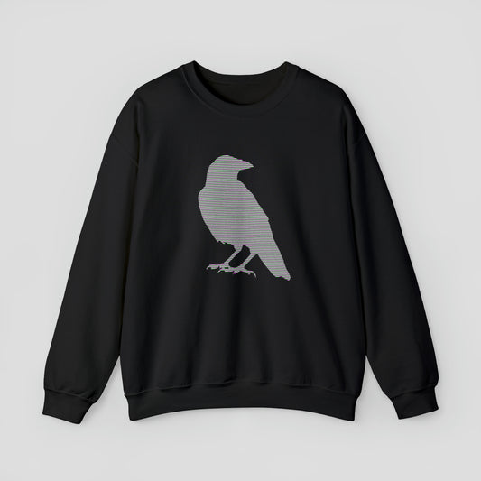 Black sweatshirt with large multi-lined silhouette of a raven across the chest, against a gray background.