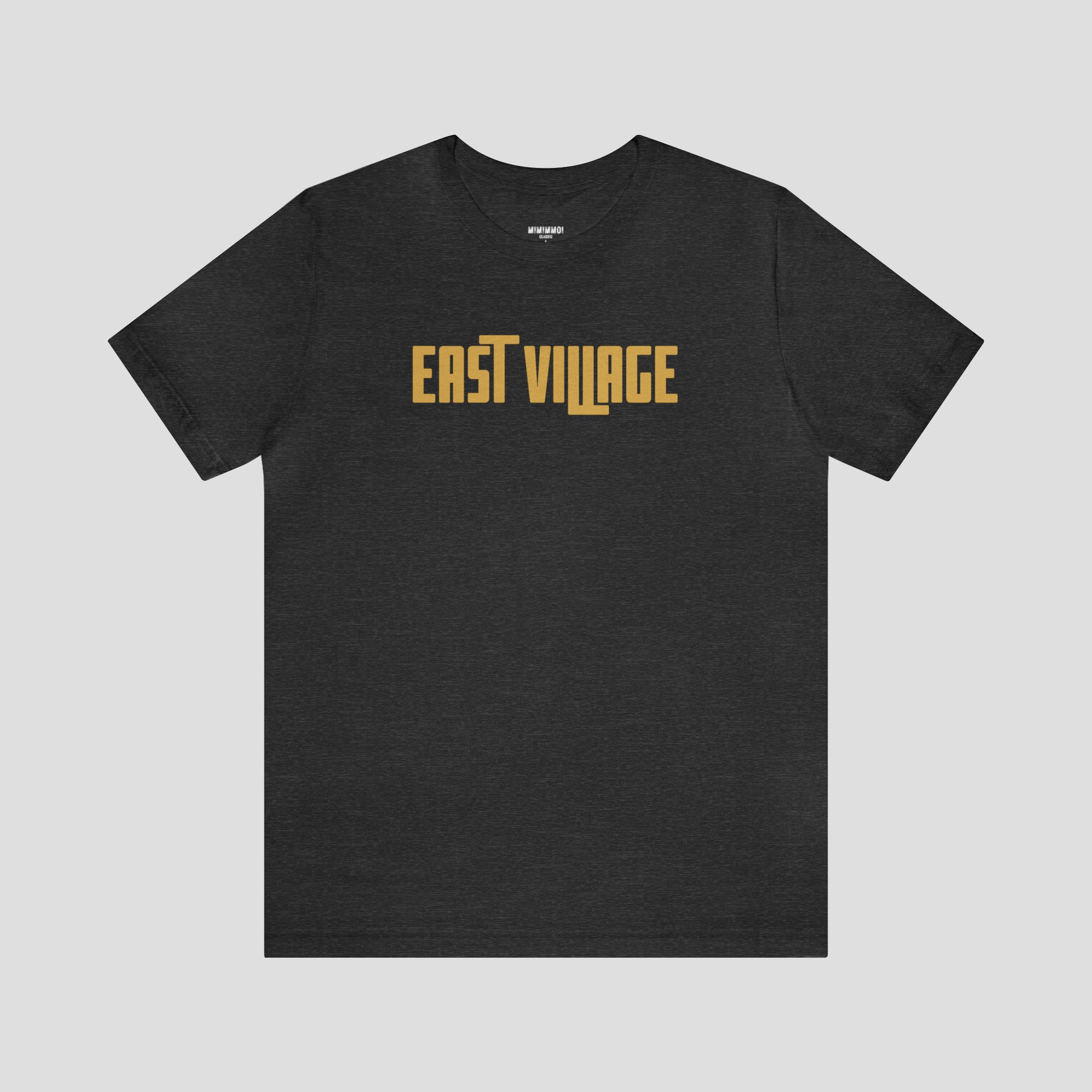 Front view of dark gray t-shirt with the words "East Village" written in yellow letters in the center.