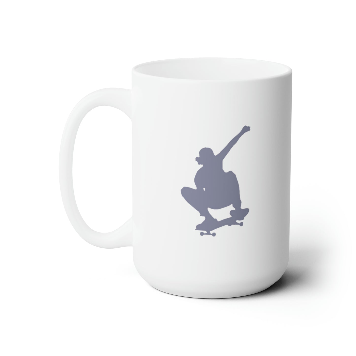 Light purple silhouette of skateboarder jumping on white mug with left handle against a white background.