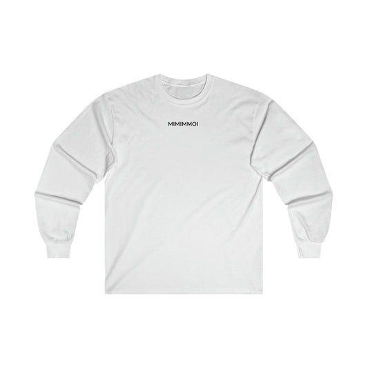 Front view of white long sleeve t-shirt with the word "Mimimmoi" written in small black letters a short distance below the neckline