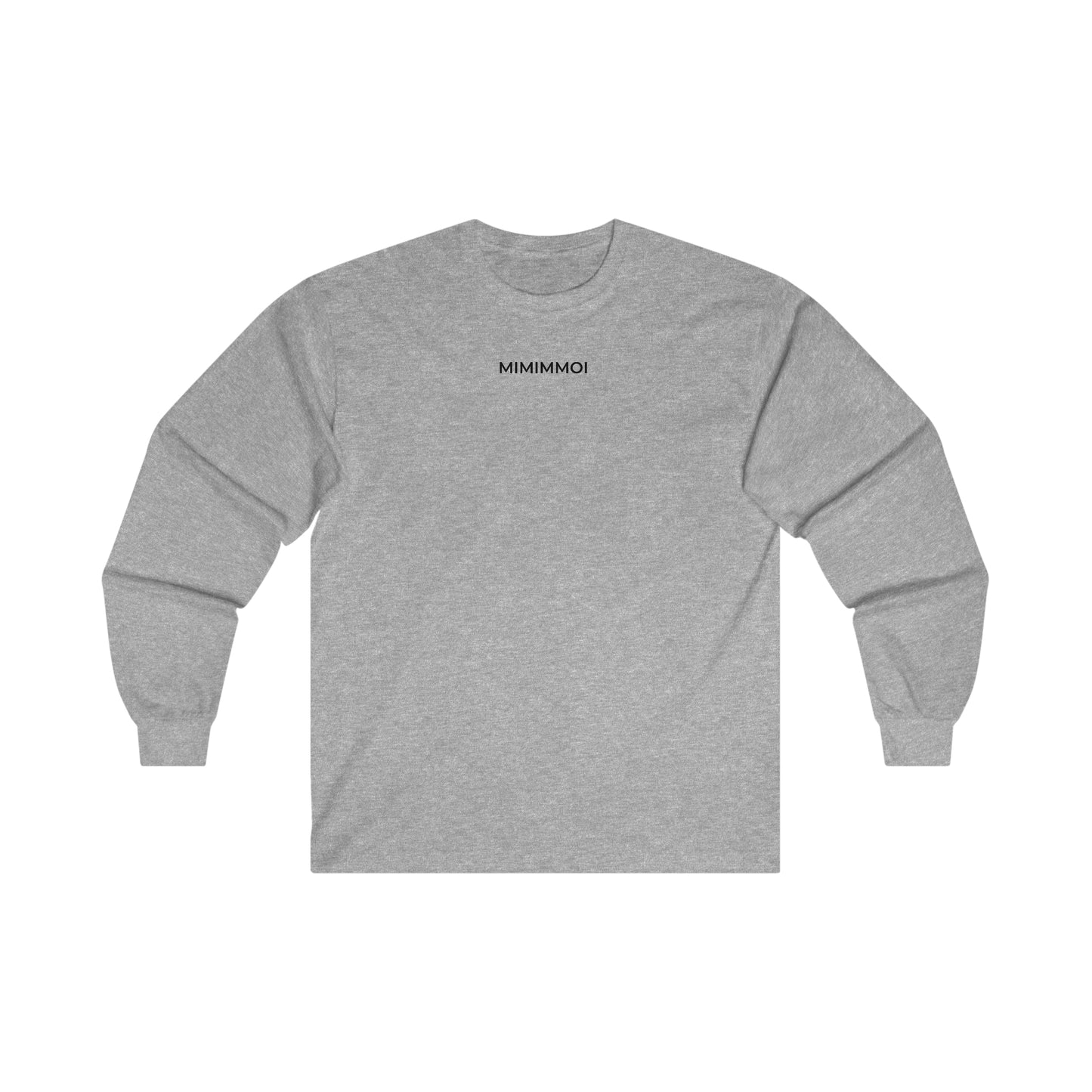 Front view of dark gray long sleeve t-shirt with the word "Mimimmoi" written in small black letters a short distance below the neckline