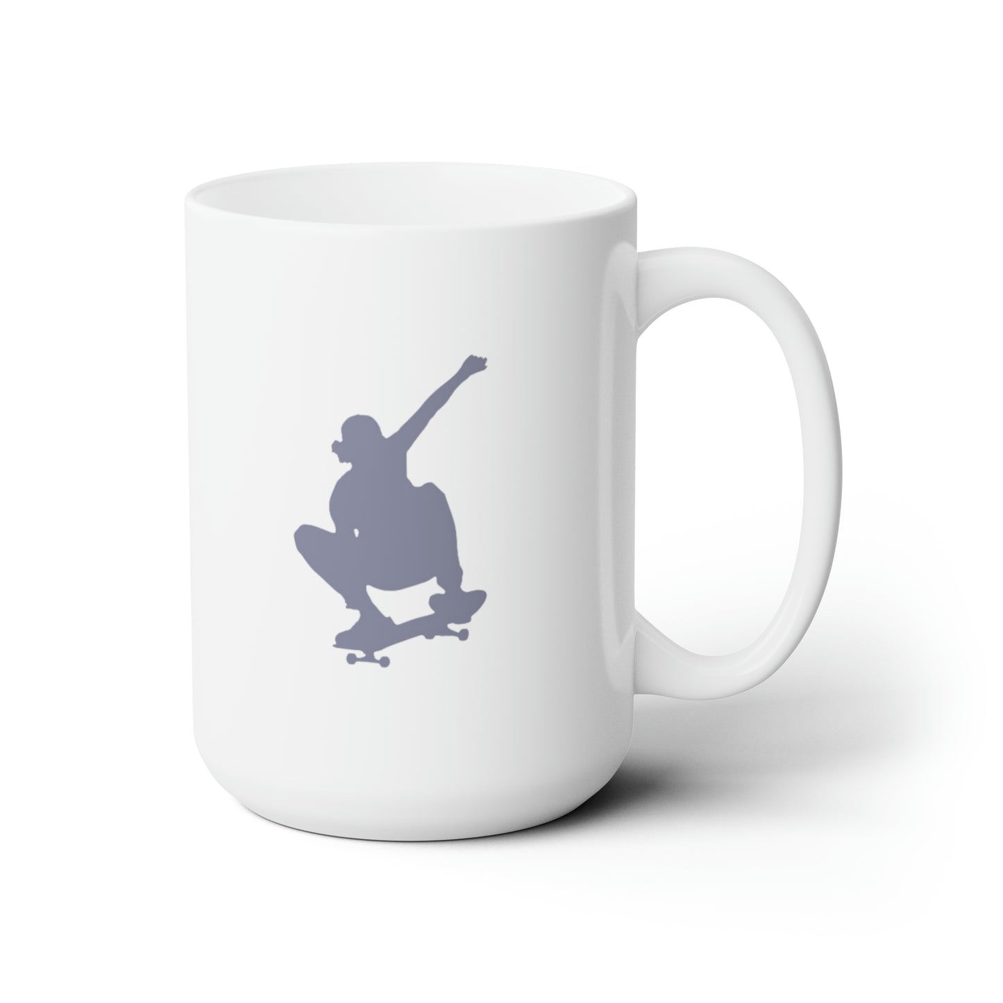 Light purple silhouette of skateboarder jumping on white mug with right handle against a white background.