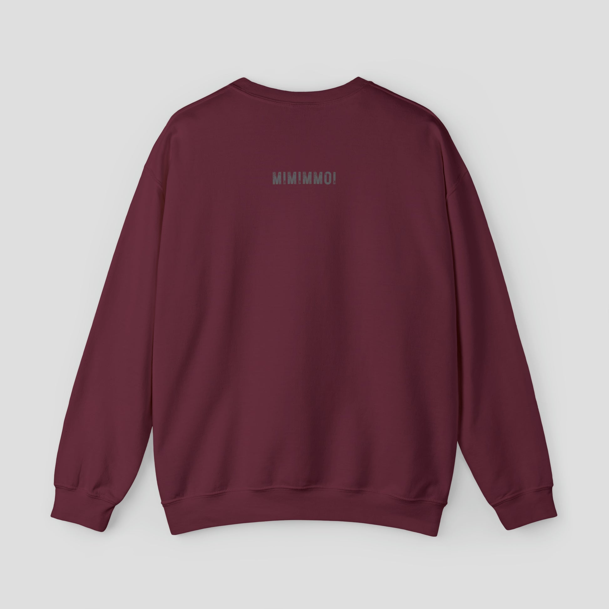 Back view of maroon sweatshirt with MIMIMMOI in gray grunge font against light gray background.