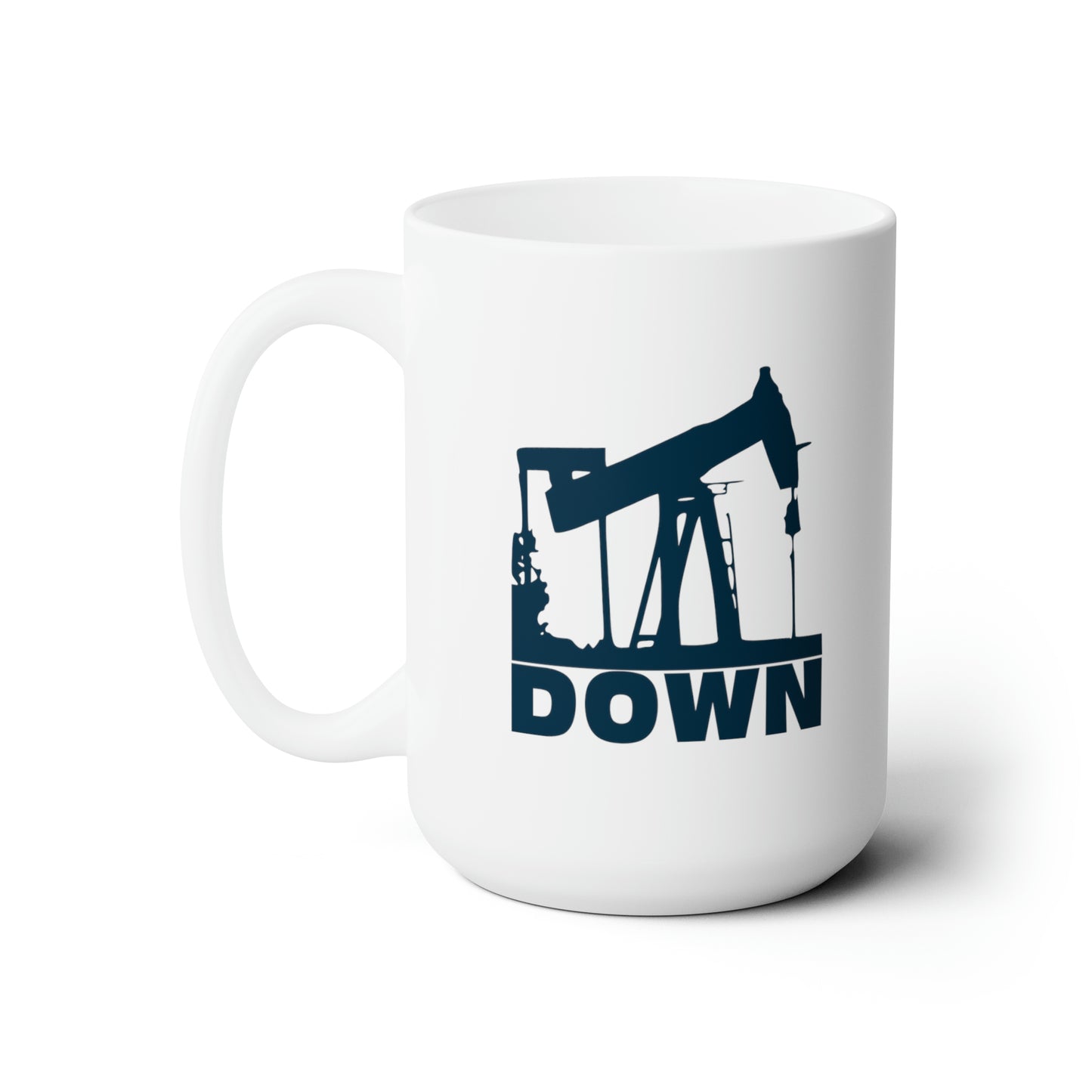 White coffee mug with handle on left featuring a navy colored graphic of a drill over the word down, against a white background.