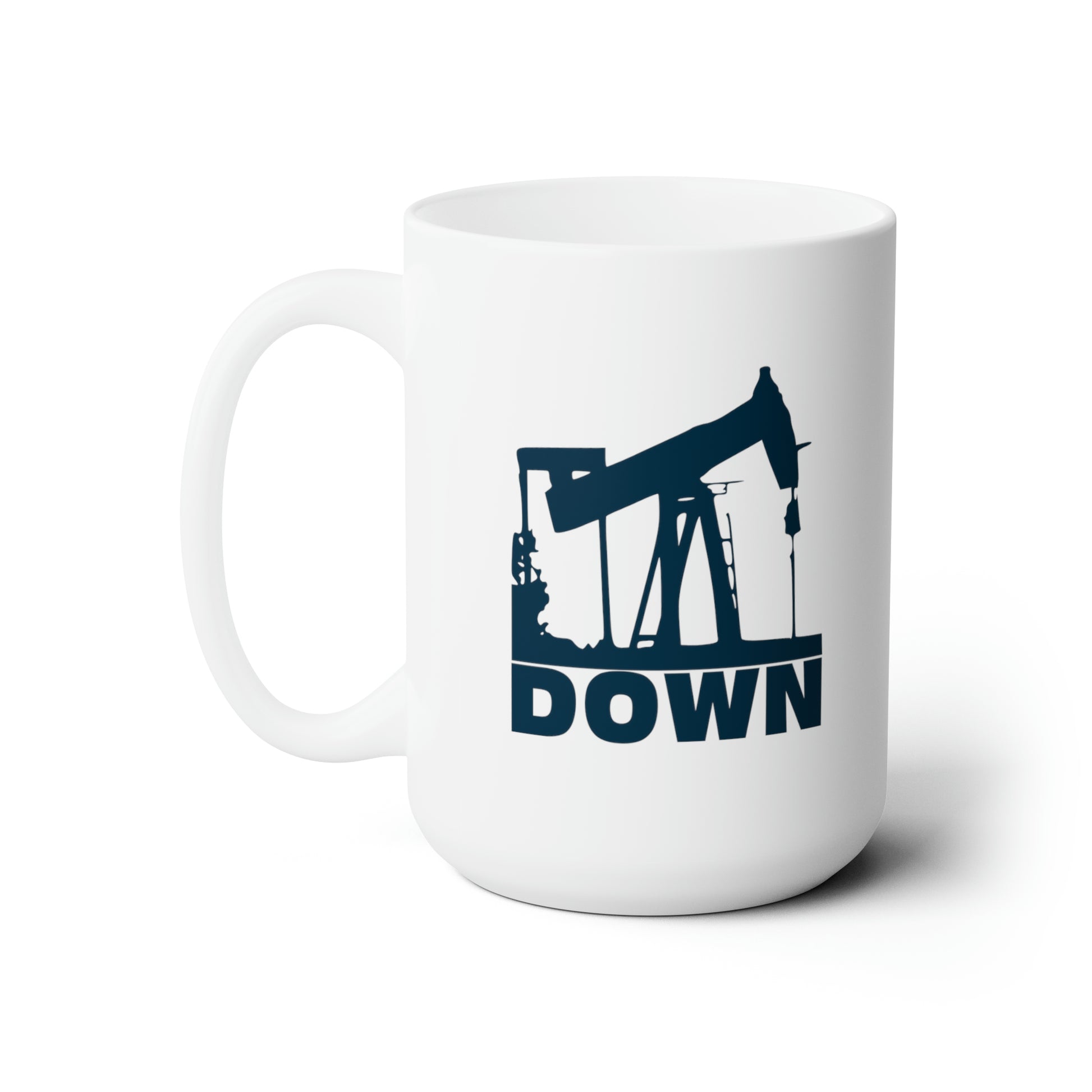 White coffee mug with handle on left featuring a navy colored graphic of a drill over the word down, against a white background.