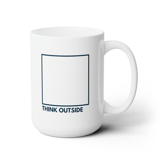 Large navy blue square about the words "Think Outside" in navy capitalized letters on white mug with right handle against a white background.