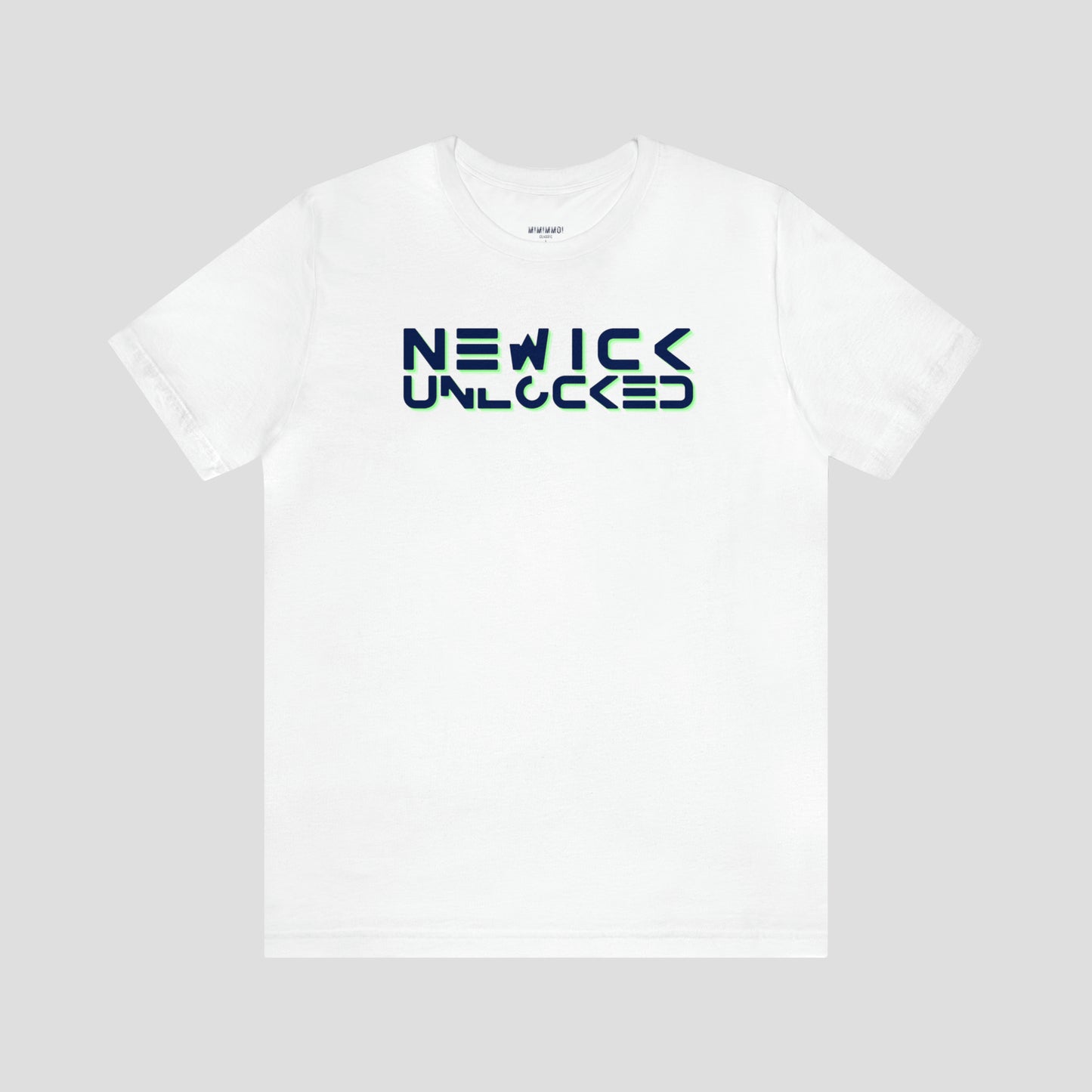 White t-shirt with the words New Ick Unlocked in a navy futuristic font with green shadow, against a gray background.