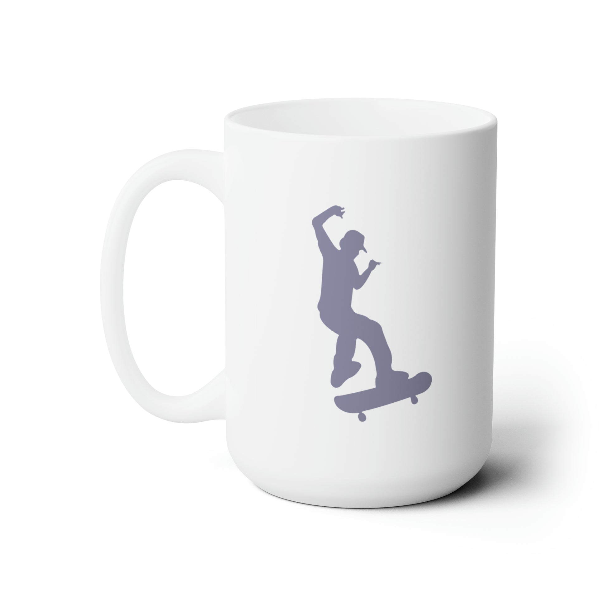 Light purple silhouette of skateboarder performing a trick on white mug with left handle against a white background.