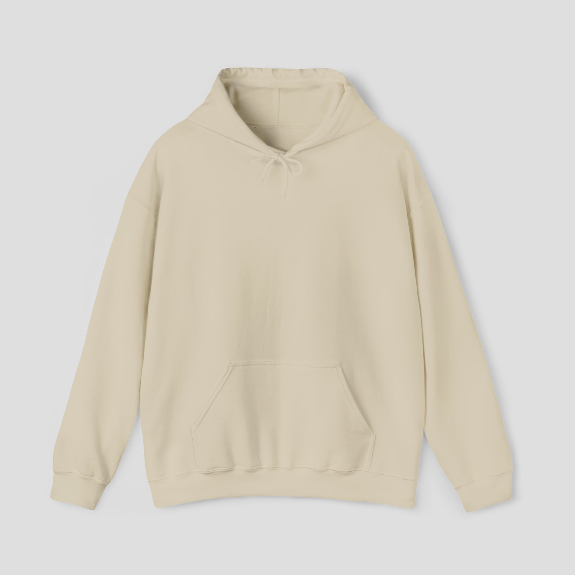 Front view of tan hooded sweatshirt with hood down and no image or text, against a gray background.