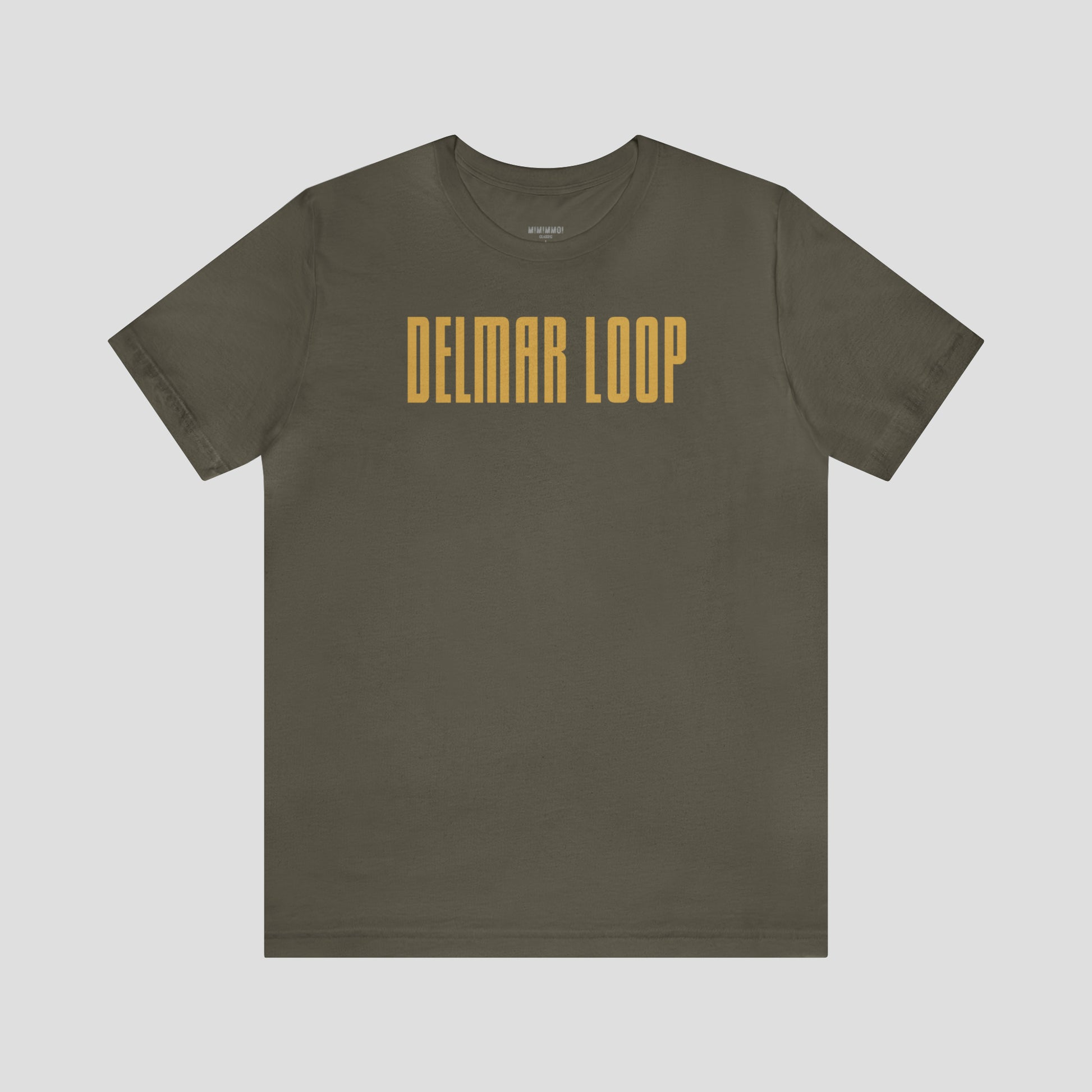 Army green t-shirt with the words "Delmar Loop" in large, narrow, yellow lettering, against a gray background. 