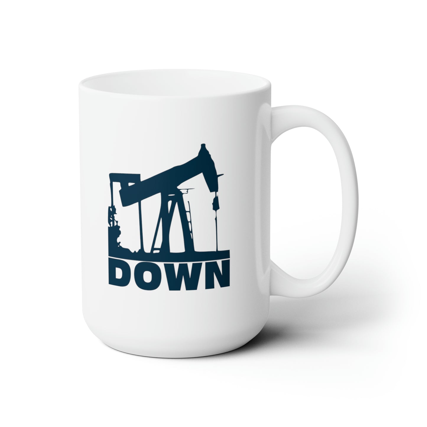 White coffee mug with handle on right featuring a navy colored graphic of a drill over the word down, against a white background.