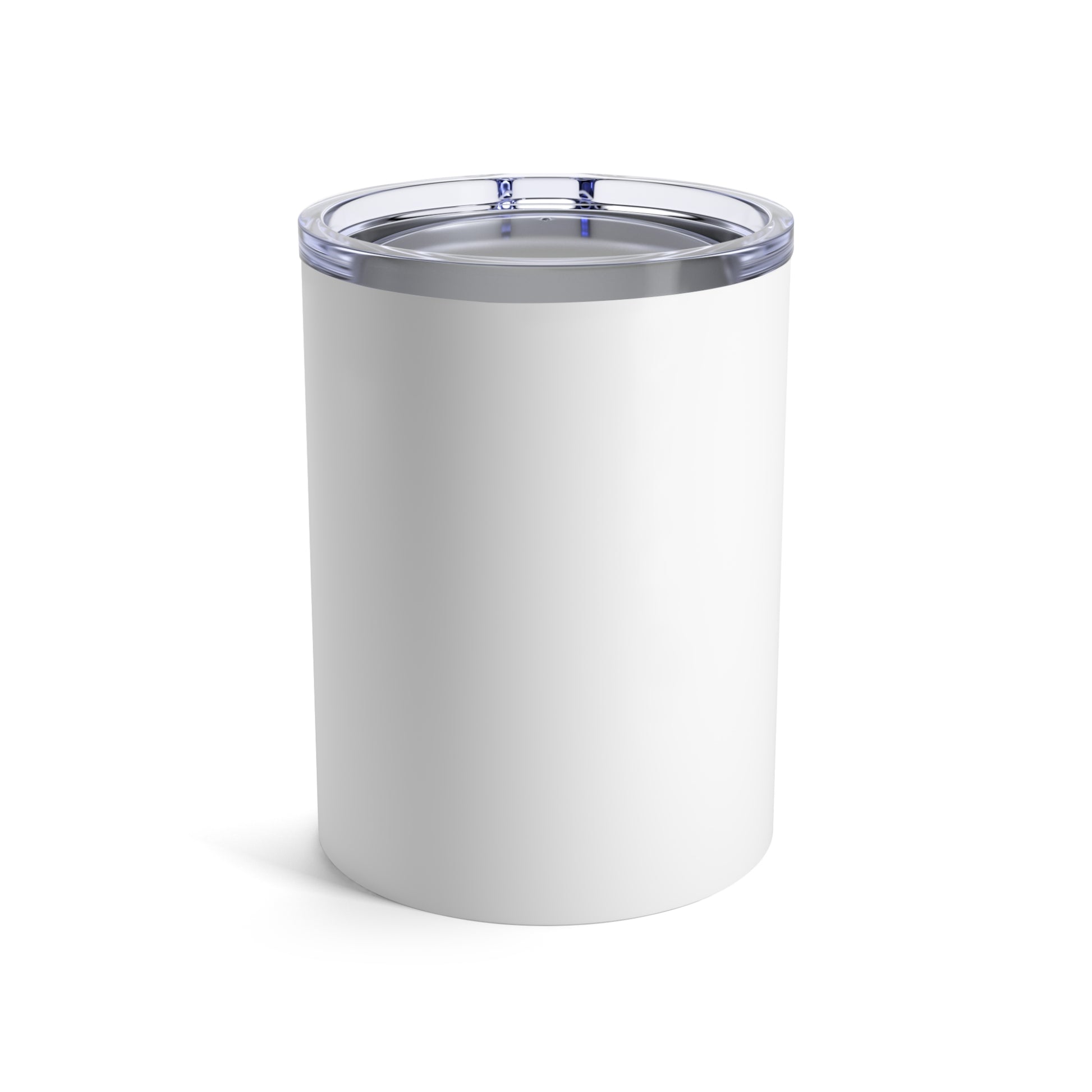 Front view of white travel tumbler against a white background.