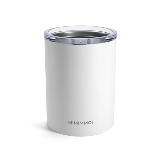 Front view of white travel tumbler with plastic top, with the word "Mimimmoi" in small gray lettering at bottom, against a white background.