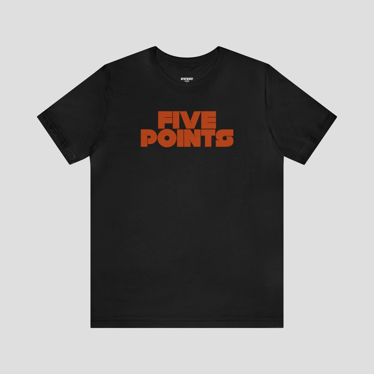 Front view of black t-shirt with the words "Five Points" written in dark orange block letters in the center.