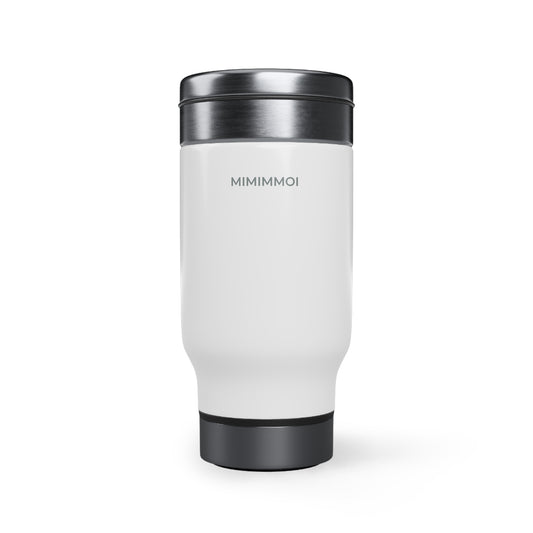 Front view of white travel mug with silver top and base, with the word "Mimimmoi" in small gray lettering just below the top, against a white background.