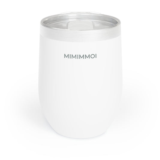 Front view of white travel wine tumbler with plastic top, with the word "Mimimmoi" in small gray lettering at top, against a white background.