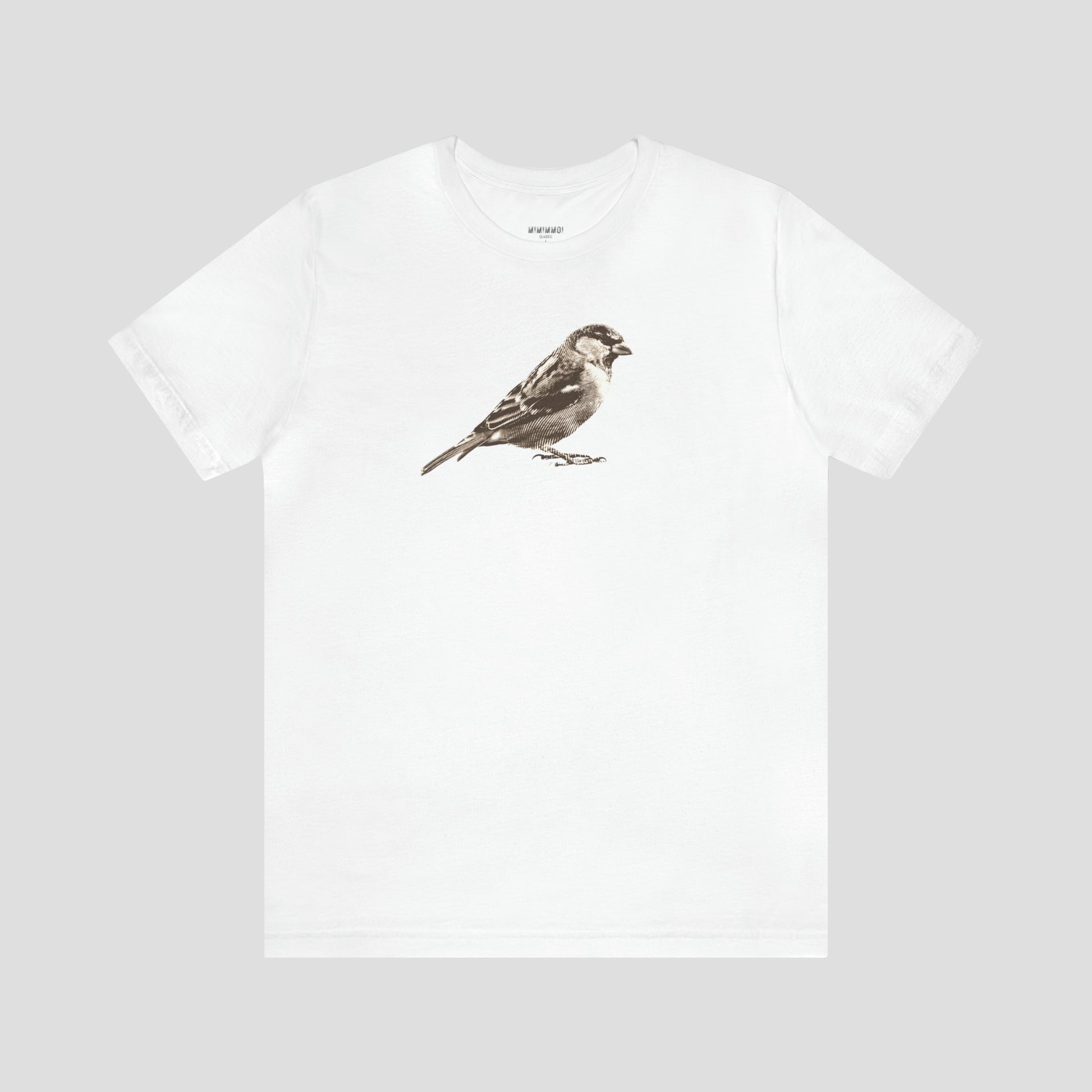 White t-shirt with large brown and white illustrated image of a sparrow across the chest, against a gray background.