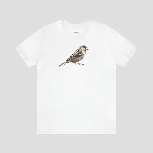 White t-shirt with large brown and white illustrated image of a sparrow across the chest, against a gray background.