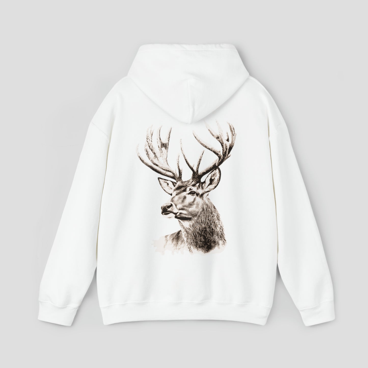 Back view of a white hooded sweatshirt with hood down and large brown and white illustrated image of a deer with large antlers in center, against a gray background.