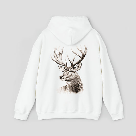 Back view of a white hooded sweatshirt with hood down and large brown and white illustrated image of a deer with large antlers in center, against a gray background.