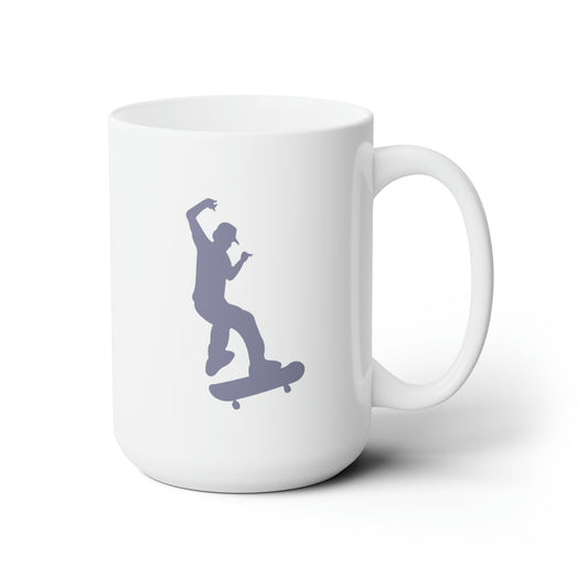 Light purple silhouette of skateboarder performing a trick on white mug with right handle against a white background.