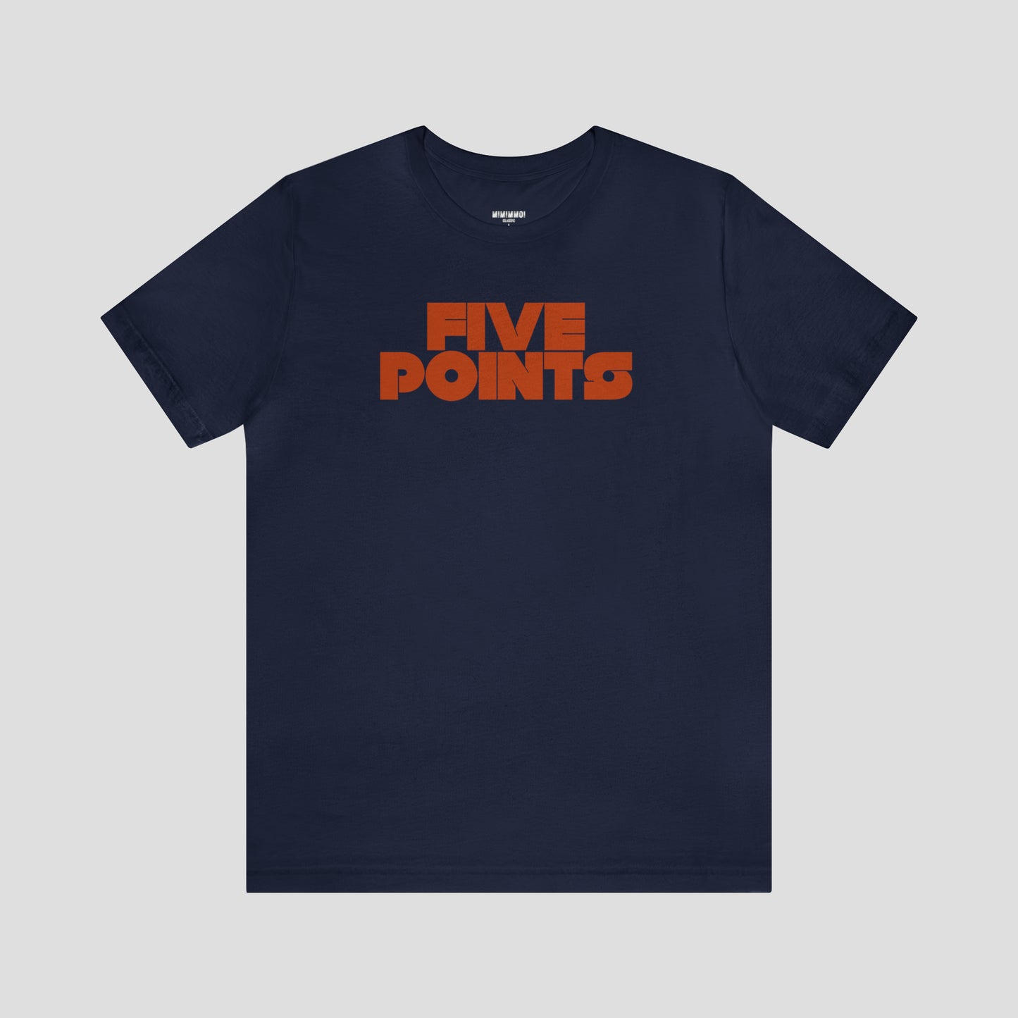 Front view of navy blue t-shirt with the words "Five Points" written in dark orange block letters in the center.