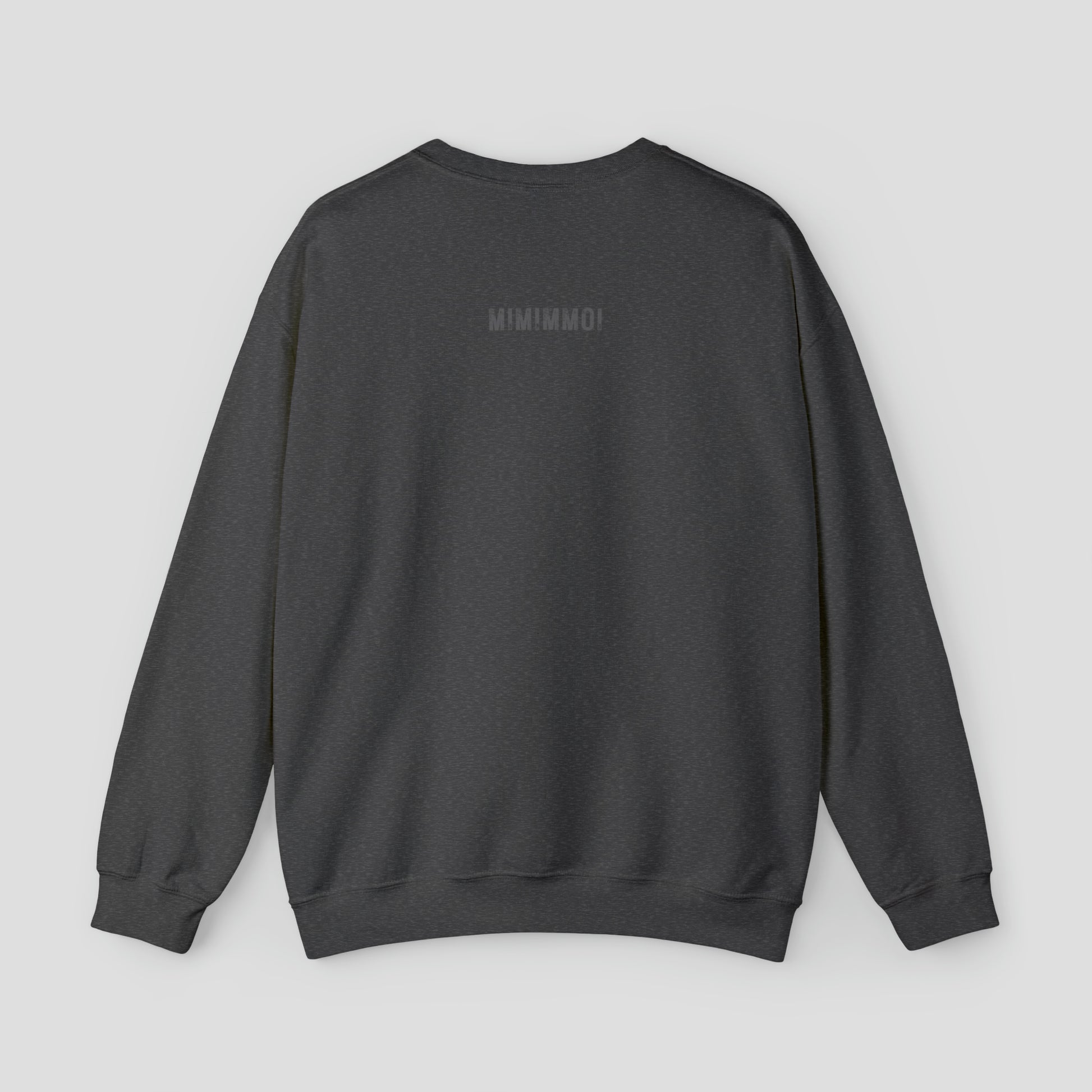 Back view of gray sweatshirt with MIMIMMOI in gray grunge font against light gray background.