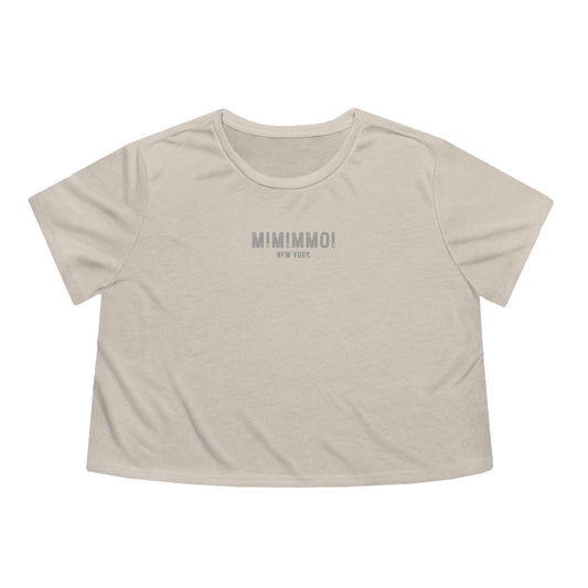 Front view of tan cropped t-shirt with the words "Mimimmoi New York" written in small distressed gray letters a short distance below the neckline.