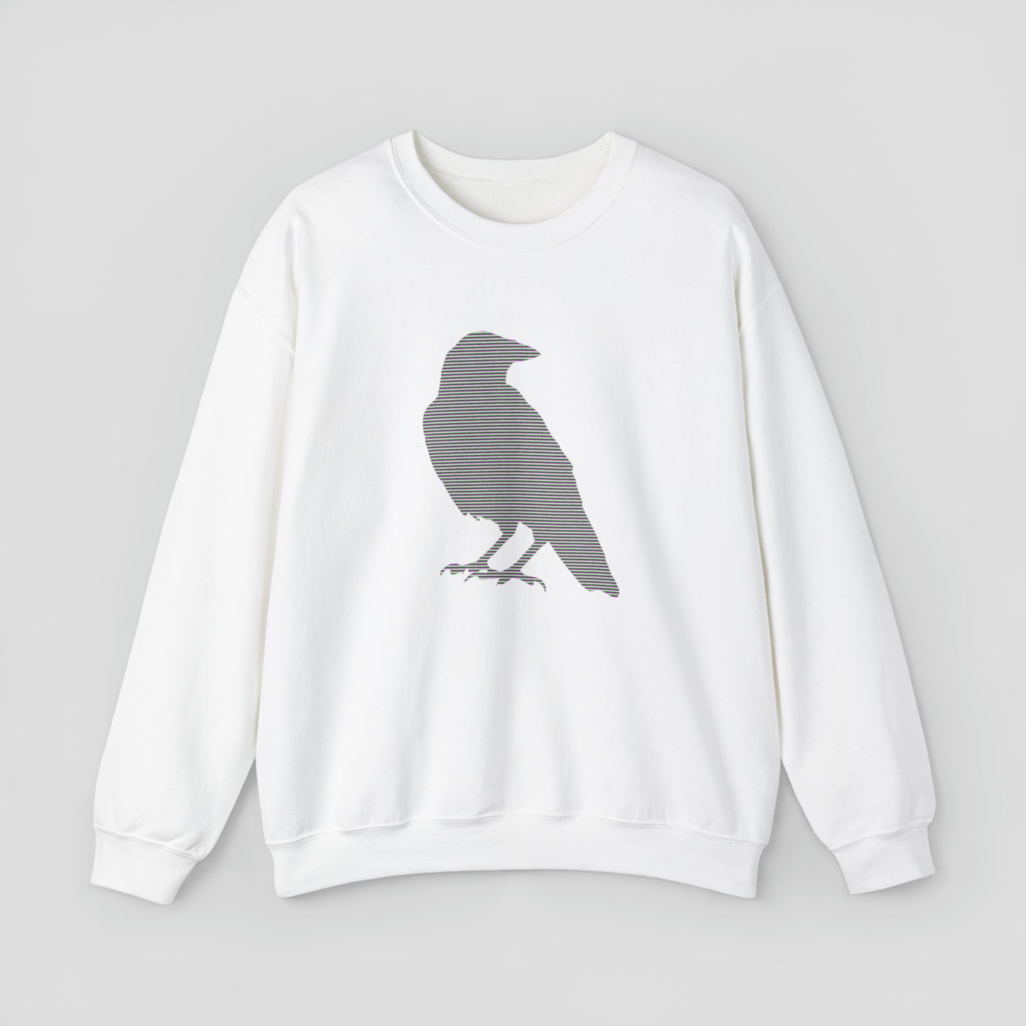 White sweatshirt with large multi-lined silhouette of a raven across the chest, against a gray background.