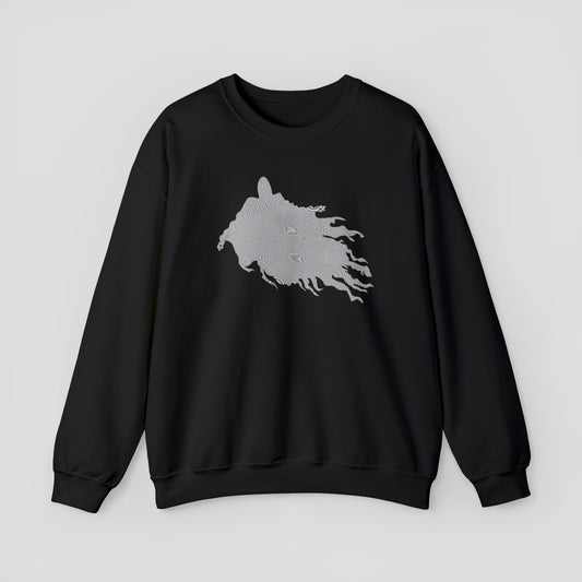 Black sweatshirt with white swirled image of flying ghost in center, against a gray background.